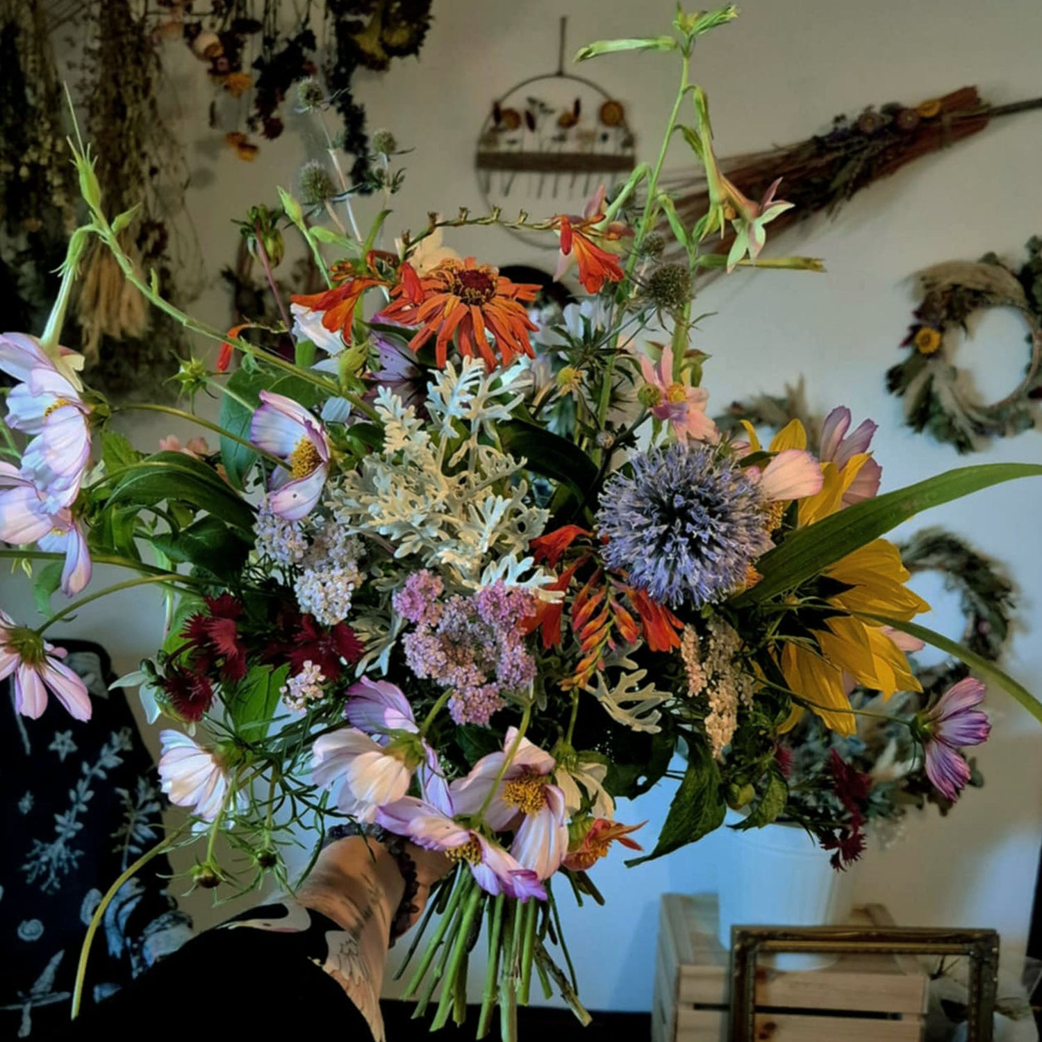 Home grown fresh flowers. Lots of colours, wild flower looking bouquet. 