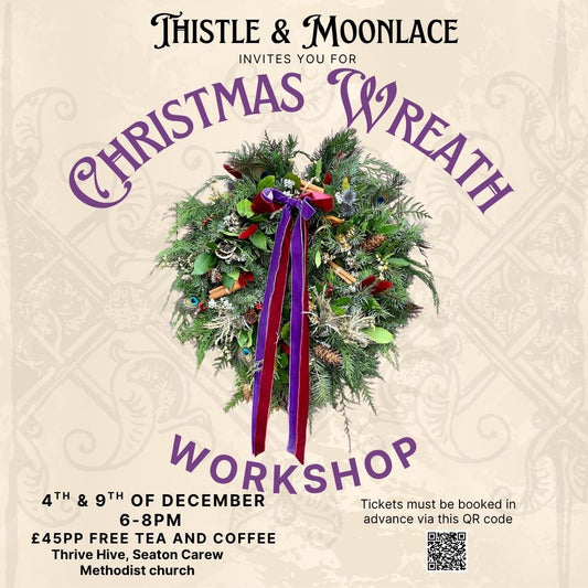 Advertisement for a Christmas wreath workshop in Seaton Carew, Hartlepool with a wreath and  velvet ribbons on a textured beige background.