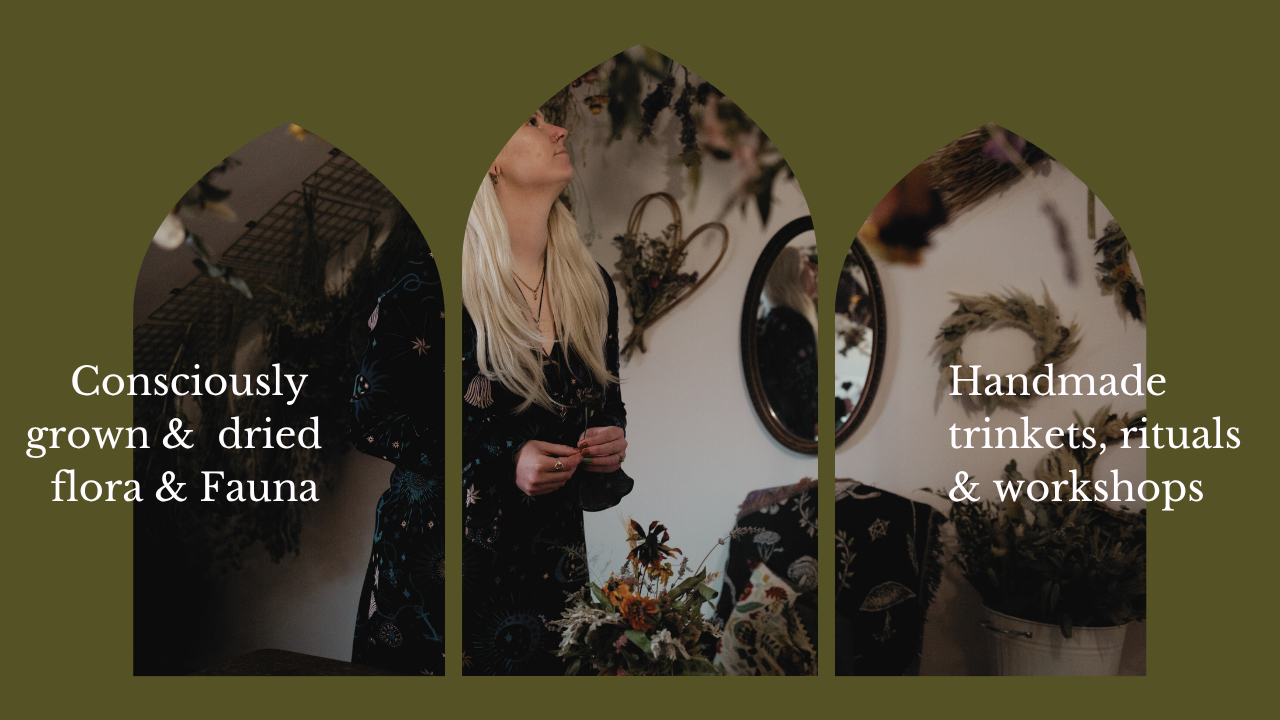 Collage of three images with text about consciously grown & dried flora & fauna, handmade trinkets, rituals, and workshops on a green background. Woman mindfully preserving and drying home grown flowers.