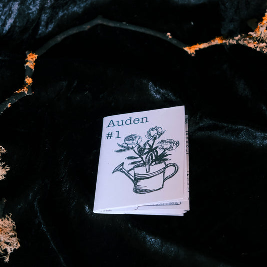 Small handmade zine with 'Auden #1' design on a dark textured surface