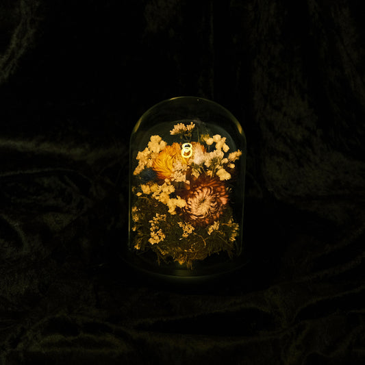 Decorative glass dome with dried botanical flowers on a dark textured background